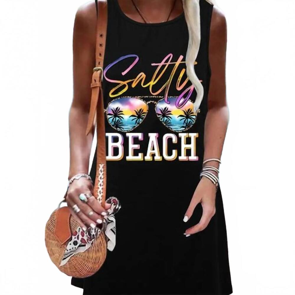 NEW UNISHE salty beach graphic tank dress in black